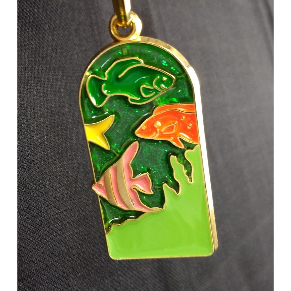 Colorful Fish Enamel Keychain 1970s Green Suncatcher Glitter Gold-Tone Keyring